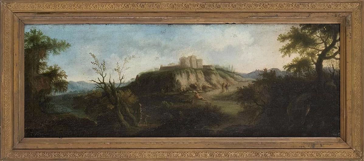 Paesaggio con viandanti, corso d'acqua e borgo sullo sfondo